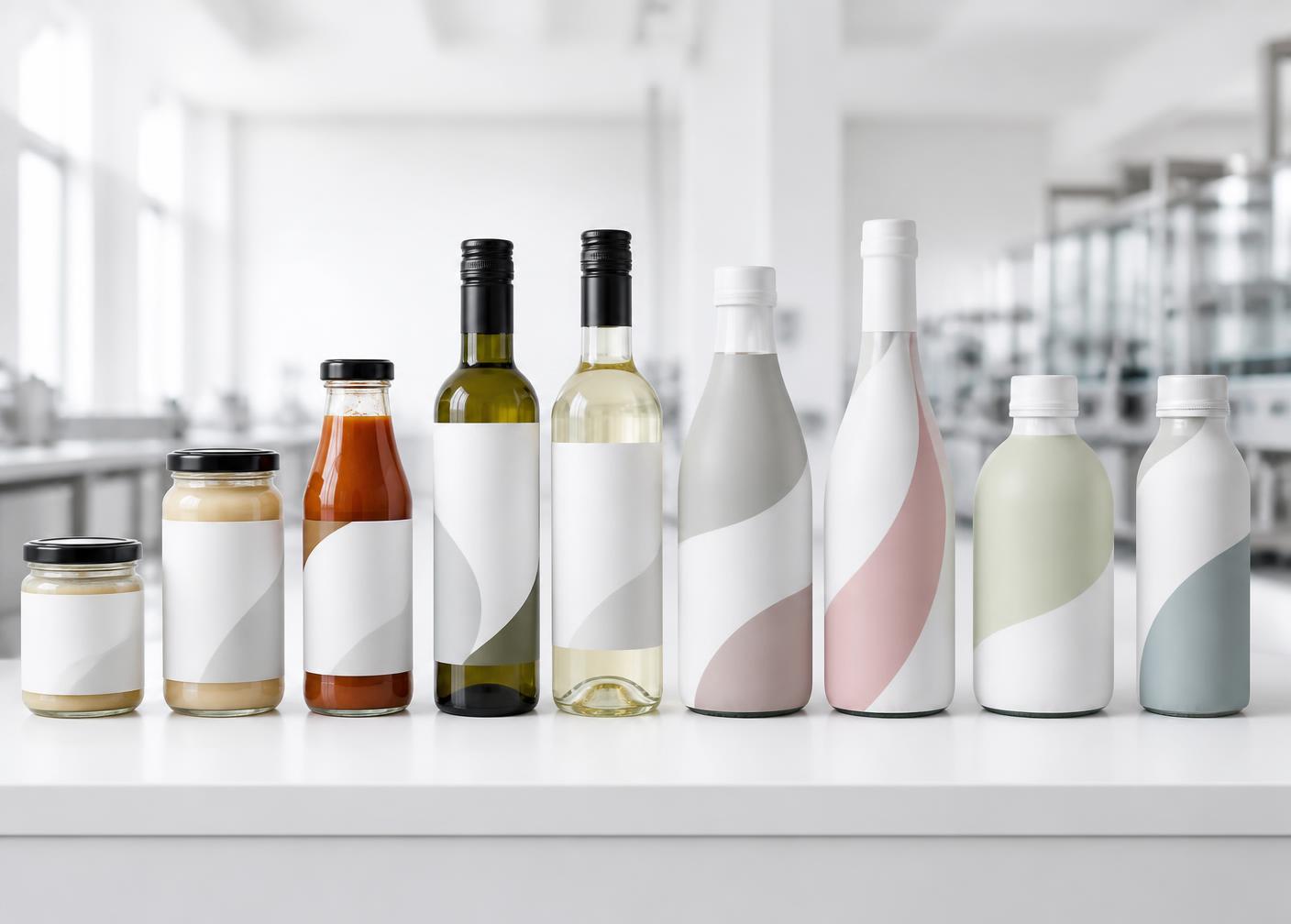 Row of labelled and shrink-sleeved bottles and jars on a white bench in a bright production space