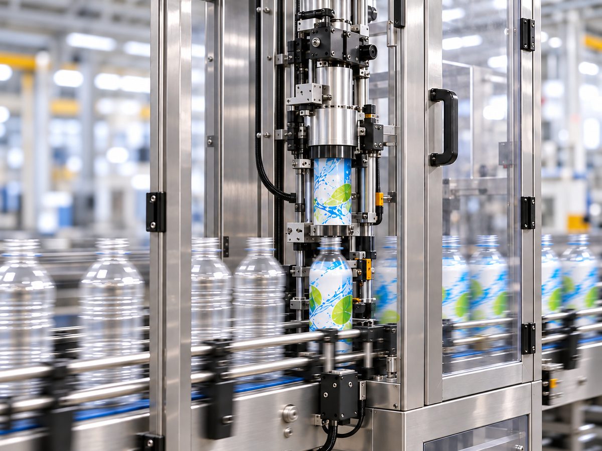Shrink-sleeve applicator head inside a clear safety enclosure, with bare bottles before it and sleeved bottles after it