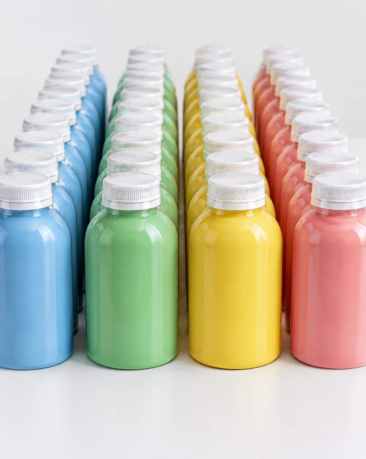 Uniform rows of shrink-sleeved containers with sealed caps