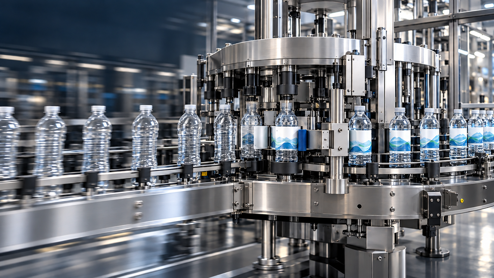Bare bottles entering a high-speed rotary labelling line as labels are applied and finished bottles leave